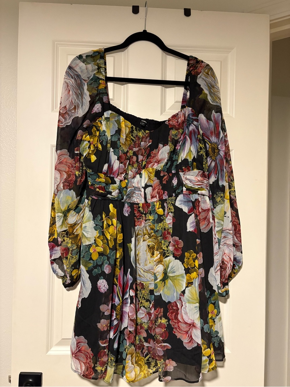 Express Black Floral Mini Dress with Sheer Long Sleeves Size XL